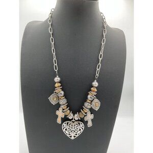 Silver & Gold-Tone Beaded Heart & Cross Necklace With Chain Links